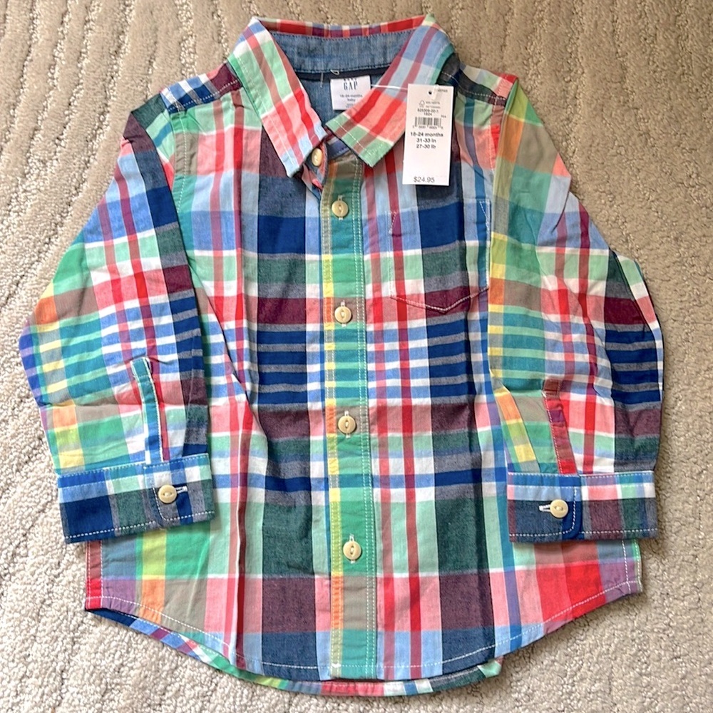 NWT BABY GAP MADRAS PLAID BUTTON DOWN SHIRT 100% COTTON